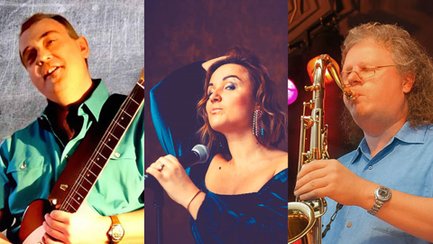 Dreiteilige Bildcollage der Band JazzModus: Links ein Gitarrist mit E-Gitarre, in der Mitte Sängerin Slava Attar mit Mikrofon in eleganter Pose, rechts Saxofonist Frank Linnemann beim Spielen seines Saxofons auf einer beleuchteten Bühne.