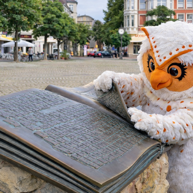 Uhlinchen blättert im Bronzebuch auf dem Historischen Marktplatz in Peine und entdeckt spielerisch die Stadtgeschichte.