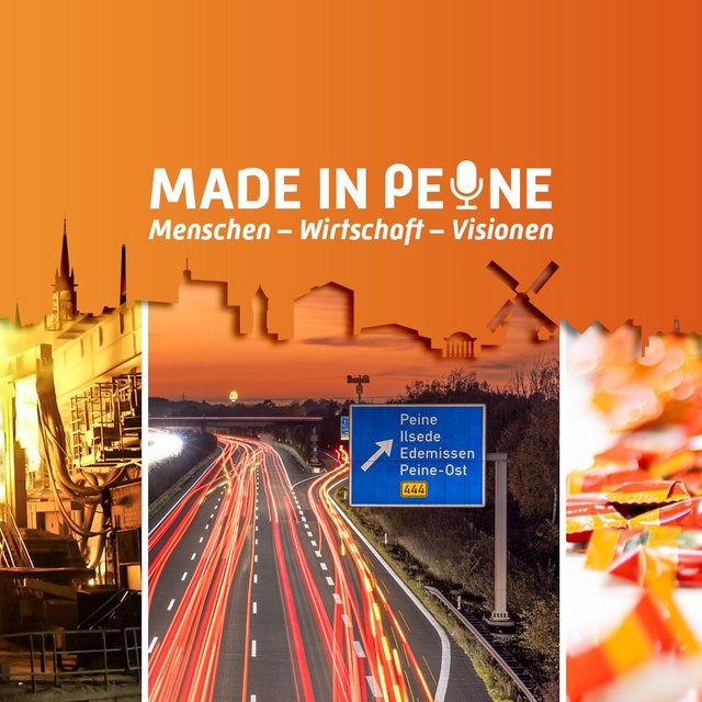 Grafik „Made in Peine – Menschen · Wirtschaft · Visionen“ mit orangefarbenem Hintergrund, Stadtsilhouette von Peine sowie Bildmotiven aus Industrie, Verkehrsinfrastruktur und regionalen Produkten.