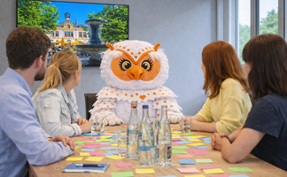 Uhlinchen sitzt mit einem Team am Konferenztisch in Peine und entwickelt gemeinsam Ideen für Stadtmarketing und Erlebnisse in der Innenstadt.
