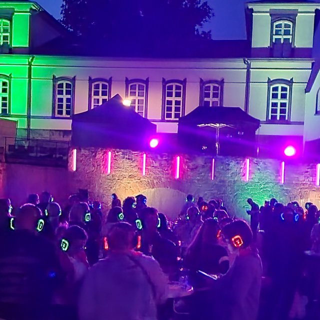 Das Bild zeigt tanzende Menschen im Burgpark in Peine im Discolicht bei der Silent Music Party in Peine. 