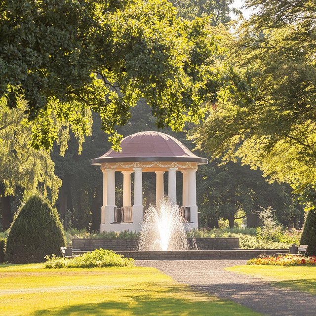 Der Pavillon im Peiner Stadtpark steht umgeben von großen Bäumen am Ende eines sonnigen Weges.