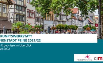 Ein Titelmotiv zur Zukunftswerkstatt Innenstadt Peine 2021/22 mit Blick auf die belebte Fußgängerzone und einer kompakten Zusammenfassung der Ergebnisse im Überblick.