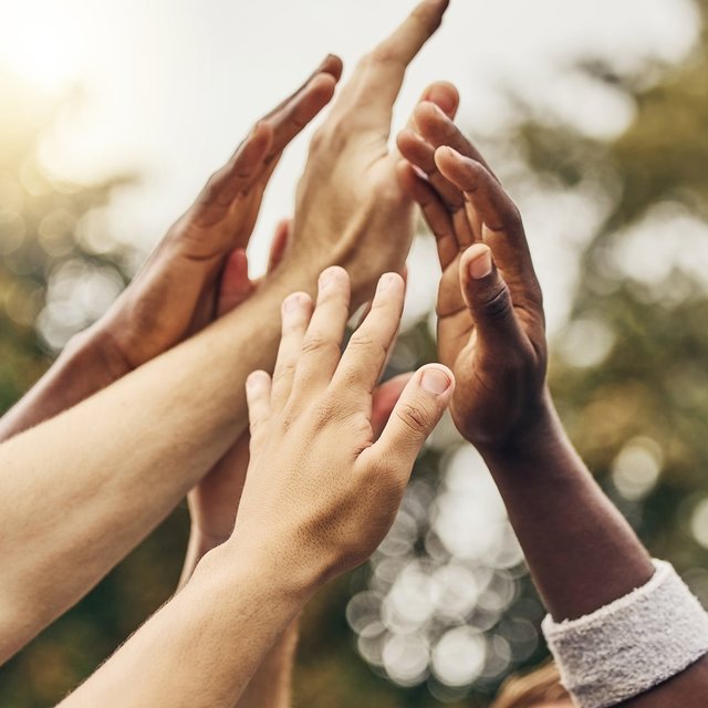 Mehrere Hände unterschiedlicher Hautfarben berühren sich in einer gemeinsamen Geste, die Zusammenhalt, Teamarbeit und Kooperation symbolisiert.