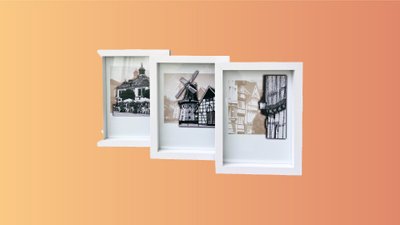 Das Bild zeigt drei gerahmte Bilder mit gemalten Motiven aus Peine. 