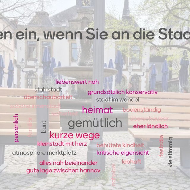 Visualisierung einer Wortwolke zur Wahrnehmung der Stadt Peine, die Eigenschaften wie Nähe, Alltagstauglichkeit, Gemeinschaft und Lebensqualität zusammenfasst, dargestellt vor einer urbanen Platzsituation.