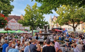 Viele Menschen sitzen und stehen beim Peiner Weinfest rund um einen Brunnen auf einem Marktplatz.