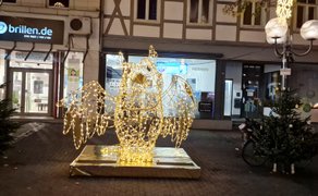 Das Bild zeigt die XXL-Lichtskulptur in Peine, genauer die Eule. 