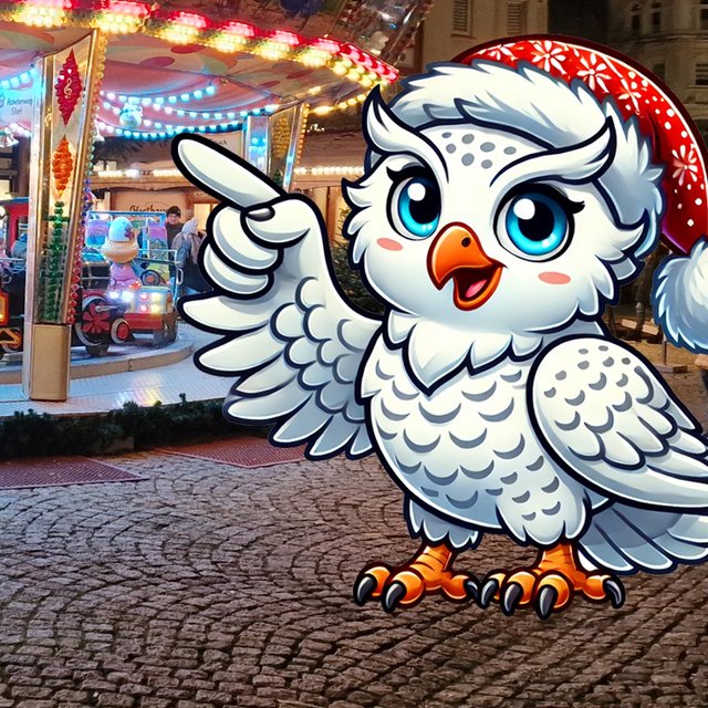 Das Bild zeigt ein Kinderkarussel auf dem Weihnachtsmarkt in Peine. Davor befindet sich ein Comic der Peiner Eule Uhlinchen. 