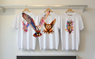 Weiße Eulen-T-Shirts mit farbintensiven Aquarell-Motiven verschiedener Eulenarten als nachhaltiges Peine-Merchandise aus Bio-Baumwolle.