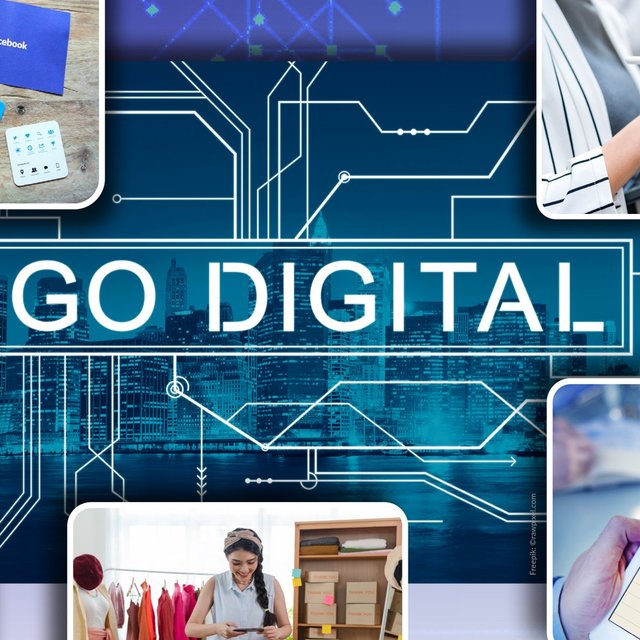 Grafik mit dem Schriftzug „GO DIGITAL“ und Motiven zu Online-Marketing, Social Media und digitaler Arbeit im Kontext der Digitalisierung des Peiner Handels
