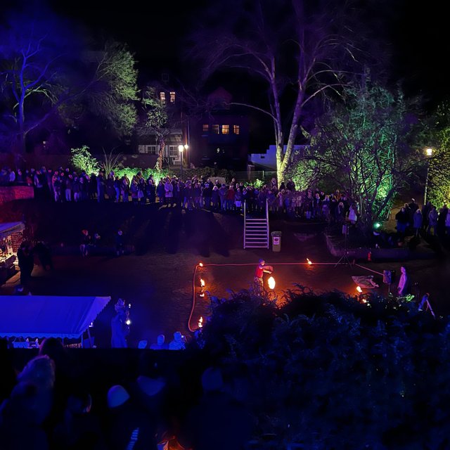 Besucher erleben den Winterzauber in Peine mit Feuer- und Lichtshow im stimmungsvoll beleuchteten Burgpark bei Nacht.
