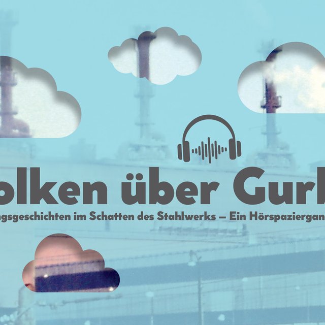 Das Bild zeigt den Schriftzug Wolken über Gutbet, dazu ein gemalter blauer Himmel und gemalte Wolken. 