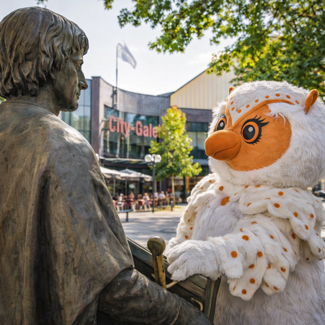 Maskottchen Uhlinchen begegnet der Statue von Graf Gunzelin auf dem Marktplatz in Peine vor der City-Galerie.