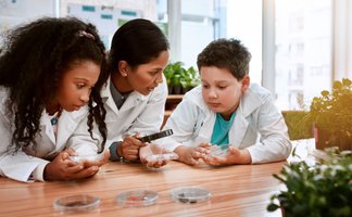 Kinder untersuchen gemeinsam mit einer Betreuerin Proben mit Lupen bei einem naturwissenschaftlichen Mitmach-Workshop.