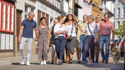 Teilnehmer der Stadtführung „Architekt(o)ur“ gehen beim Jubiläum von Peiner Heimstätte und Wohnbau Salzgitter durch die Peiner Altstadt.