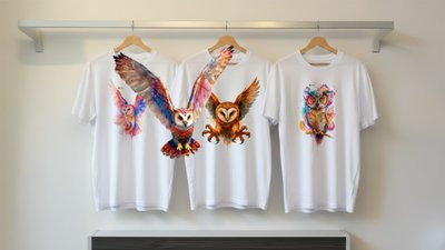 Weiße Eulen-T-Shirts mit farbintensiven Aquarell-Motiven verschiedener Eulenarten als nachhaltiges Peine-Merchandise aus Bio-Baumwolle.
