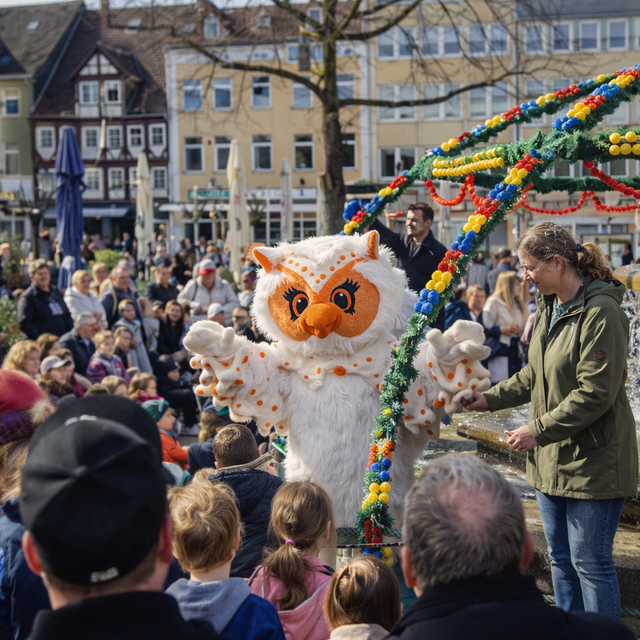Das Maskottchen Uhlinchen steht auf dem Peiner Marktplatz neben dem geschmückten Osterbrunnen und begrüßt Kinder und Besucher, während viele Menschen rund um den Brunnen zuschauen.