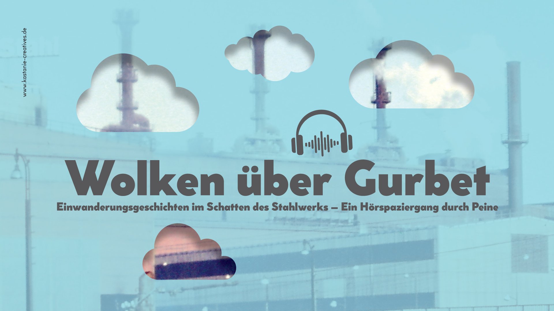 Das Bild zeigt den Schriftzug Wolken über Gutbet, dazu ein gemalter blauer Himmel und gemalte Wolken. 