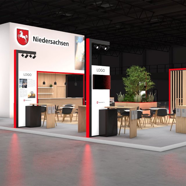 Grafik eines modernen Messestands mit dem Schriftzug „Niedersachsen“ und mehreren Sitzbereichen in einer Halle.