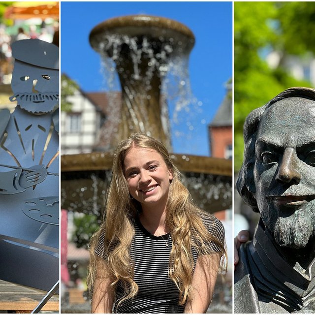 Collage zur Podcastreihe „Peine, was geht?“ mit Moderatorin Greta Kortenacker an verschiedenen Orten in Peine, die Stadtleben, Menschen und die lebendige Atmosphäre der Innenstadt zeigen.