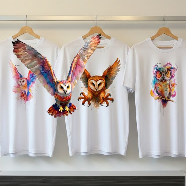 Weiße Eulen-T-Shirts mit farbintensiven Aquarell-Motiven verschiedener Eulenarten als nachhaltiges Peine-Merchandise aus Bio-Baumwolle.