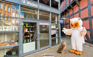 Uhlinchen steht vor der Tourist-Information von Peine Marketing und begrüßt eine Eule, die vor ihm auf dem Pflaster sitzt. Im Hintergrund sind der Eingang der Tourist-Information und die historische Fachwerkfassade des Nachbargebäudes zu sehen.