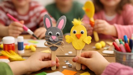 Zwei Kinderhände halten gebastelte Tierfiguren aus Holzlöffeln, eine als Hase mit Filzohren und eine als Küken mit Flügeln, im Hintergrund basteln Kinder an einem Tisch.