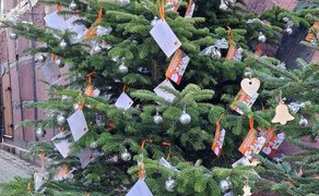 Weihnachtsbaum mit vielen Anhängern und kleinen silbernen Kugeln vor einem Fachwerkhaus.