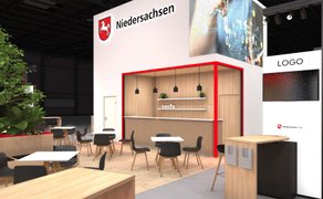 Grafik eines modernen Messestands mit dem Schriftzug „Niedersachsen“ und mehreren Sitzbereichen in einer Halle.