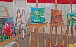 Kunstausstellung in der Peiner Innenstadt mit farbenfrohen Gemälden auf Staffeleien im Rahmen der Kunst- und Kulturmeile mit vielfältigen künstlerischen Motiven