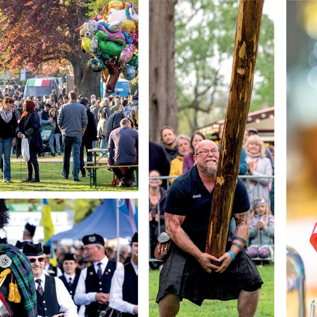 Bildcollage mit Eindrücken einer Veranstaltung: viele Besucher auf einer Wiese mit Ständen und Luftballons, ein Mann beim traditionellen Baumstammheben, eine Parade mit Teilnehmenden in schottischer Tracht sowie das Einschenken eines Getränks aus einer Flasche.