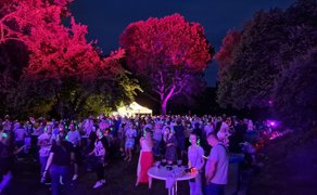 Menschen mit bunt leuchtenden Funkkopfhörern feiern und tanzen nachts zwischen illuminierten Bäumen im Peiner Burgpark.