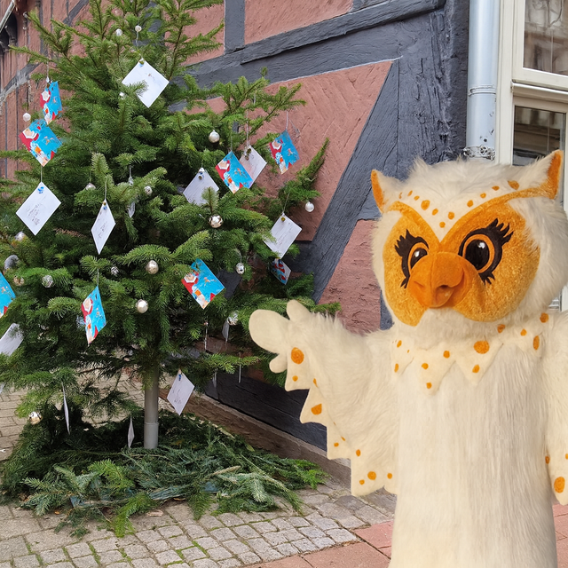 Uhlinchen steht neben einem geschmückten Weihnachtsbaum mit Wunschkarten in der weihnachtlichen Peiner Innenstadt.
