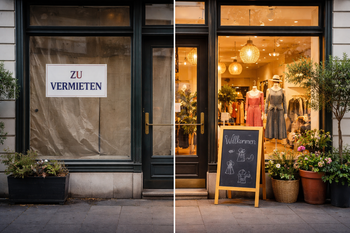 Schaufenster eines Ladenlokals im Vorher-Nachher-Vergleich: links leerstehendes Geschäft mit „Zu vermieten“-Schild und abgedeckter Fensterfläche, rechts belebter Mode-Pop-up-Store mit beleuchtetem Innenraum, Schaufensterpuppen, Dekoration und Willkommensschild vor dem Eingang