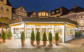 Das Bild zeigt den beleuchteten Pavillon auf dem Historischen Marktplatz zur Weihnachtszeit. 