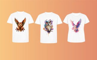 Drei weiße Eulen-T-Shirts mit farbintensiven Illustrationen der Peiner Eule – fliegende und sitzende Motive – aus 100 % Bio-Baumwolle als nachhaltiges Peine-Merchandise.
