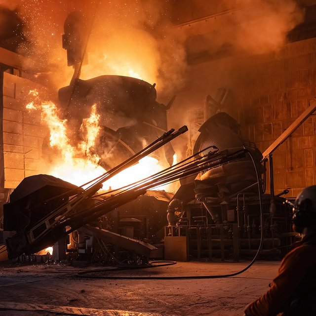 Flüssiger Stahl wird in einer Industriehalle gegossen, Funken und Flammen beim Produktionsprozess im Stahlwerk Peine.