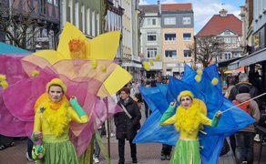 Kostümierte Künstlerinnen als bunte Blumen beim BraWo Mobility Spring in der Innenstadt Peine, umgeben von Besuchern des Straßenfests.