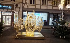 Leuchtende Eulen-Lichtskulptur als Kunstinstallation in der Peiner Innenstadt bei Nacht, weihnachtlich inszenierter Stadtraum mit moderner Lichtkunst in Peine, Niedersachsen.