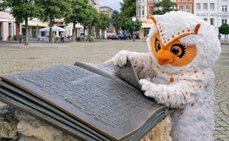 Uhlinchen blättert im Bronzebuch auf dem Historischen Marktplatz in Peine und entdeckt spielerisch die Stadtgeschichte.