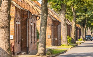 Eine ruhige Straße wird von einer Reihe gleichartiger Backsteinhäuser gesäumt. Die Häuser haben rote Ziegeldächer und kleine Eingangsbereiche. Entlang des Gehwegs stehen hohe Bäume, die Schatten auf die Straße werfen. Am Straßenrand sind vereinzelt Autos geparkt. Die Szene zeigt ein Wohngebiet mit historischem Charakter.