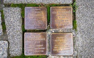 Vier quadratische Messingplatten, sogenannte Stolpersteine, sind in das Pflaster eines Gehwegs eingelassen. Auf ihnen stehen eingravierte Namen, Geburtsjahre und Schicksale von Menschen, die hier einst lebten und während der NS-Zeit verfolgt wurden. Zwischen den Steinen wächst etwas Moos. Die Aufnahme zeigt eine Gedenkstätte im öffentlichen Raum.