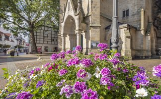 Bunte Blumenpods mit blühenden Frühlingspflanzen vor der St.-Jacobi-Kirche in Peine, die das lebendige und gepflegte Stadtbild der Innenstadt zeigen.