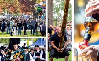 Bildcollage mit Eindrücken einer Veranstaltung: viele Besucher auf einer Wiese mit Ständen und Luftballons, ein Mann beim traditionellen Baumstammheben, eine Parade mit Teilnehmenden in schottischer Tracht sowie das Einschenken eines Getränks aus einer Flasche.