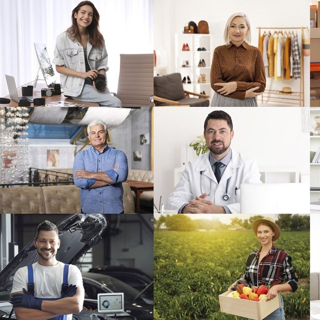 Collage mit Menschen aus verschiedenen Berufen, darunter Gastronomie, Fotografie, Einzelhandel, Logistik, Floristik, Handwerk, Medizin, Bildung, Bäckerei, Landwirtschaft und Hotellerie.