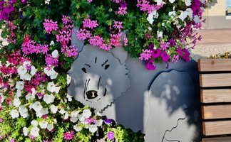 Das Bild zeigt bunte Blumen hinter einer Künstlerbank, die einen Wolf zeigt, auf dem Historischen Marktplatz in Peine. 