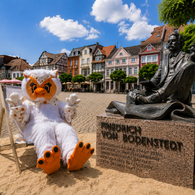 Uhlinchen sitzt in einem Liegestuhl neben dem Denkmal von Friedrich von Bodenstedt auf dem Marktplatz in Peine.