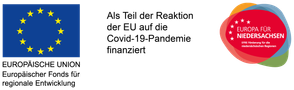 Das Bild zeigt das Logo der EU-Aufbauhilfe REACT EU (Recovery Assistance for Cohesion and the Territories of Europe) im Rahmen des Europäischen Fonds für regionale Entwicklung (EFRE).