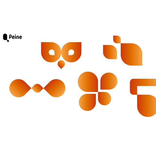 Abstrakte grafische Elemente der Stadtmarke Peine in warmen Orangetönen auf weißem Hintergrund, modernes visuelles Erscheinungsbild für Stadtmarketing und Markenidentität.